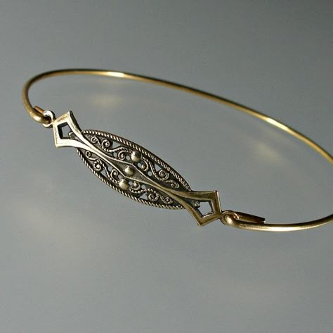 Art Deco Filigree Bangle Bracelet Gold Bangle by LilyAndLouise, $13.95 Filigree Bangle, Bijoux Art Deco, Jewelry Stacking, Bangle Bracelet Gold, Diy Bangle Bracelets, Art Deco Filigree, Leather Jewelry Diy, Art Deco Bracelet, Gold Armband