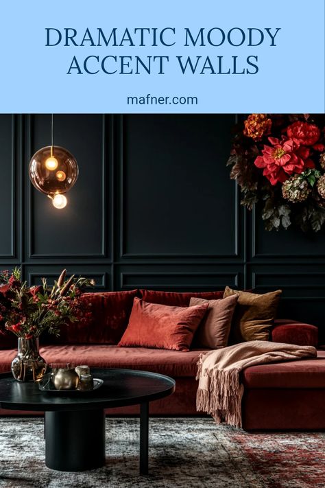 A collection of beautifully designed moody accent walls showcasing rich colors and textures that add drama to interior spaces. Moody Den Colors, Moody Wall Mural, Moody Wall Paint, Dark Feminine Living Room, Cozy Moody Living Room, Dark And Moody Interiors, Feminine Living Room, Moody Living Room, Accent Wall Colors