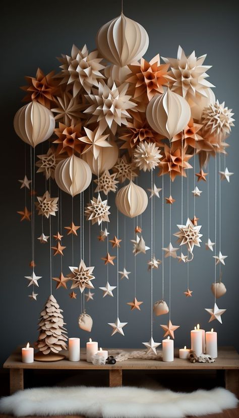 Origami Backdrop, Paper Christmas Ornaments, Paper Christmas Decorations, Noel Diy, Xmas Deco, Paper Ornaments, Paper Stars, Paper Christmas, Christmas Wreaths Diy