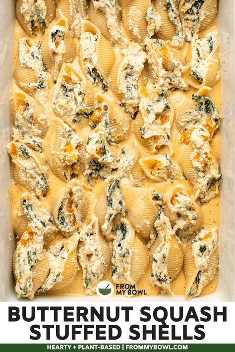 These Butternut Squash Stuffed Shells are baked in a rich and creamy vegetable sauce and stuffed with a healthy homemade vegan ricotta filling. Indulge in this classic comfort food made with a seasonal twist! Vegan, Gluten-Free & Oil-Free Option. Butternut Stuffed Shells, Vegan Stuffed Squash, Butternut Squash Shells, Stuffed Squash Recipes, Butternut Squash Stuffed Shells, Squash Stuffed Shells, Butternut Squash Stuffed, Vegan Stuffed Shells, Butternut Squash Spinach