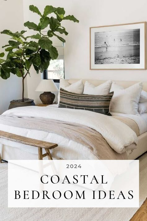 Beautiful modern coastal bedroom ideas and trends for 2024, with decor ideas and inspiration for your master bedroom or small bedrooms, color trends, boho coastal bedroom ideas, cozy neutral bedrooms, and more - pure salt interiors Coastal White Bedroom Ideas, Luxury Coastal Bedroom, Coastal Modern Interior, Classy Coastal Bedroom, Natural Master Bed, Coastal Traditional Bedroom, Warm Coastal Bedroom, Guest Bedroom Ideas Coastal, Coastal Bedroom Ideas Master Suite