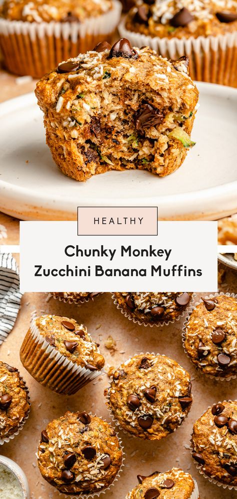 Chunky Monkey Zucchini Banana Muffins | Ambitious Kitchen Healthy Banana Choc Chip Muffins, Banana Zucchini Protein Muffins, Zucchini Healthy Dessert, Zucchini Banana Recipes, Zucchini Dessert Recipes Healthy, Zucchini And Carrot Muffins, Healthy Banana Nut Muffins, Zucchini Banana Muffins, Use Up Zucchini