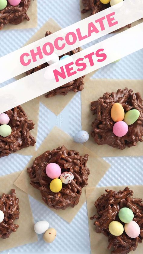 Chocolate Nests are a quick and easy Easter treat. These 4-ingredient no-bake bird’s nest cookies are made with chocolate, peanut butter, and chow mein noodles, then topped with chocolate mini eggs. #SugarHero #EasterDessert #ChocolateNests #ChocolateBirdsNest #NoBake #EasyDessert Easter Nest Cake, Chocolate Nests, Easter Cake Recipes, Easter Party Food, Easy Easter Treats, Easy Easter Desserts, Easter Nests, Chow Mein Noodles, Easter Desserts Recipes