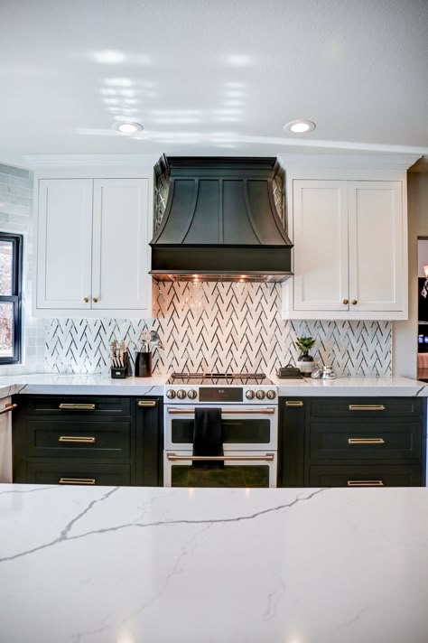 Black And Gold Interior, Trendy Kitchen Design, Fan Kitchen, Transitional Glam, Cabinets Colors, Kitchen Hood Design, Warm Wood Tones, White Kitchen Appliances, Beautiful Kitchen Cabinets