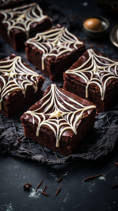 Halloween Frosted Brownies, Halloween Theme Baked Goods, Spooky Season Desserts, Brownie Halloween Treats, Halloween Desserts Aesthetic, Halloween Themed Brownies, Halloween Spooky Desserts, Cute Halloween Baked Goods, Halloween Snacks And Drinks