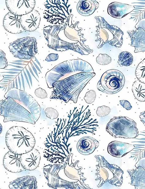 Nautical Fabric, Beach Wall Collage, Ocean Fabric, Beach Fabric, Timeless Treasures Fabric, Summer Wallpapers, Ocean Treasures, Blue Shell, Wallpaper Collage