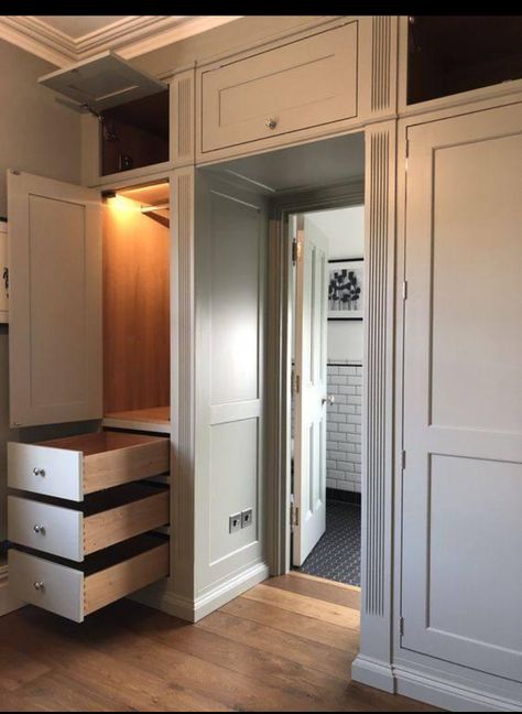 Closet Over Doorway, Built In Armoire Closet Master Bedrooms, Hidden Master Closet, Loft Above Closet, Large Built In Wardrobe, Wardrobe Design Walk In Closet, Hidden Ensuite Wardrobe, Pass Through Closet, Bathroom Cabinets Ideas