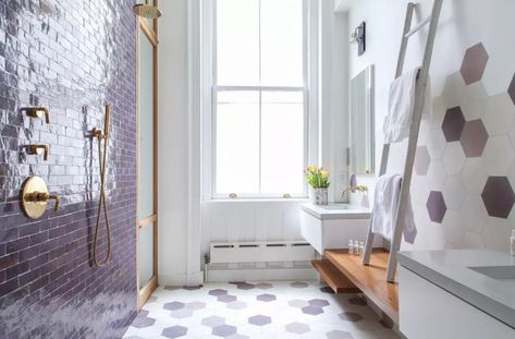 If You Can't Take Another Year of Millennial Pink, Give These Colors a Try in 2018 Lavender Tile, Lavender Bathroom, Purple Tile, Walk In Shower Enclosures, Walk In Shower Designs, Washroom Decor, Purple Bathrooms, Vacation Apartment, Apartment Rental