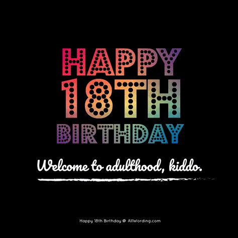 Happy 18th Birthday! Welcome to adulthood, kiddo. Welcome To Adulthood Birthday, 18th Birthday Wishes Funny, Happy 18th Birthday Funny, 18th Birthday Card Message, 18th Birthday Message, 18th Birthday Quotes Funny, Birthday Party Quotes, 18th Birthday Quotes, Happy 18th Birthday Wishes