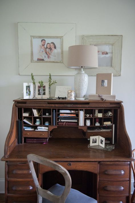 Dark Study, Table Study, A Sense Of Place, Desk Bedroom, Desk Study, Roll Top Desk, Desk Inspiration, Desk In Living Room, Bedroom Desk