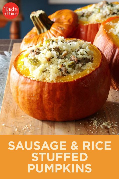 Sausage And Rice Stuffed Pumpkin, Sausage Stuffed Pumpkin Recipes, Stuffed Pumpkins Recipes, Thanksgiving Gluten Free Recipes, Stuffed Pumpkin Recipes, Pumpkin Meals, Thanksgiving Gluten Free, Roasted Pumpkin Recipes, Fresh Pumpkin Recipes