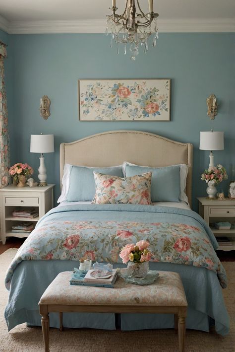 Discover why muted pastels are the must-have trend for 2024, creating a soft and charming ambiance in your spaces. #ad     #Colortrend #wallpaint2024  #color2024  #DIYpainting  ##DIYhomedecor  #Fixhome Muted Color Room Aesthetic, Master Bedrooms Pastel, Blue Floral Bedroom Ideas, Muted Pastel Aesthetic, Pastel Shade Bedroom Interior, Muted Blue Color Palette Master Bedrooms, Soft Paint Colors, Muted Feminine Color Palette, Pastel Bedding Soft Colors