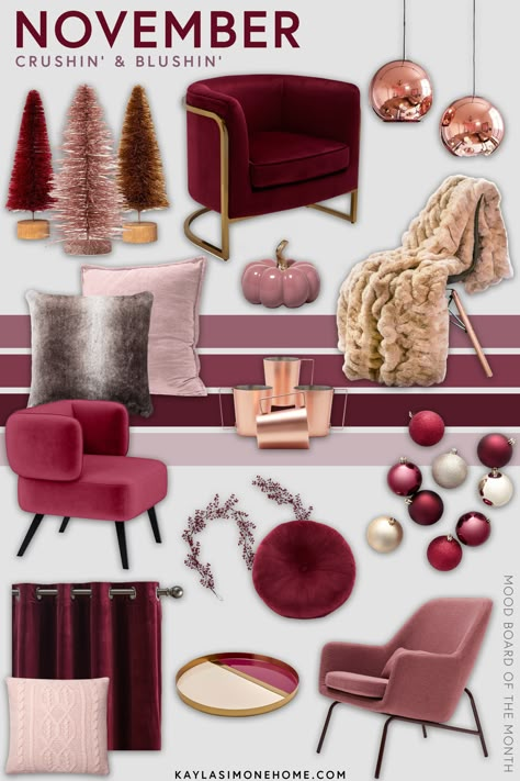 Burgundy Red Living Room Decor, Burgundy And Cream Christmas Pictures, Burgundy Office Decor Ideas, Blush And Burgundy Color Palette, Burgundy And Blush Living Room, Red Christmas Living Room Decor, Mauve Fall Decor, Burgundy And Blush Christmas Tree, Mauve Christmas Decor