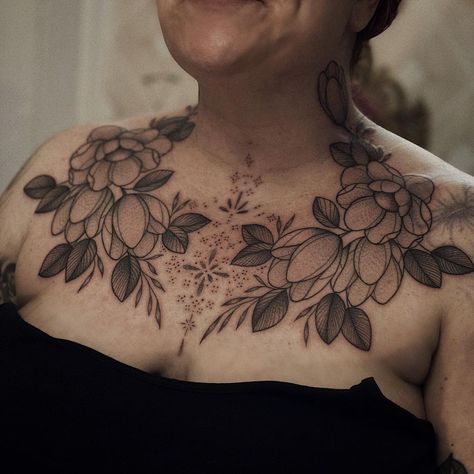 Ornamental Floral Chest Tattoo, Floral Chest Tattoo, Bee Tattoo, Feminine Tattoos, Chest Tattoo, Fun Time, Black And Grey Tattoos, Back Tattoo, Flower Tattoos