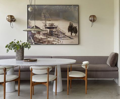 A Power Couple Creates an Oasis of Calm in the Los Feliz Hills - 1stDibs Introspective Dining Room Banquette, Eating Room, Banquette Dining, Banquette Seating In Kitchen, Mid Century Modern Dining Room, Kitchen Banquette, Banquette Seating, Mid Century Modern Dining, 아파트 인테리어