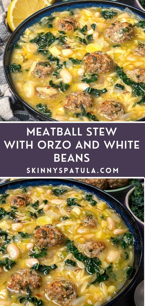 Meatball Stew With Orzo, Orzo White Bean Soup, Meatball Stew With Orzo And White Beans, Meatball And Bean Soup, Best Meatball Soup Recipe, Italian Meatball Orzo Soup, Healthy Soups And Stews Crock Pot, Different Dinner Ideas Healthy, Meatball Soups And Stews