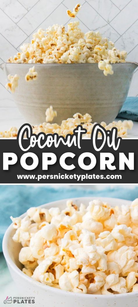 Healthy coconut oil popcorn makes the perfect snack! Full of buttery flavor without any of the butter. Made with just two ingredients and then topped with your favorite seasonings. Stove Top Popcorn, Coconut Oil Popcorn, Wild Rose Detox Recipes, Healthy Popcorn, Movie Popcorn, Popcorn Treats, Popcorn Recipes, Detox Recipes, Vegan Snacks