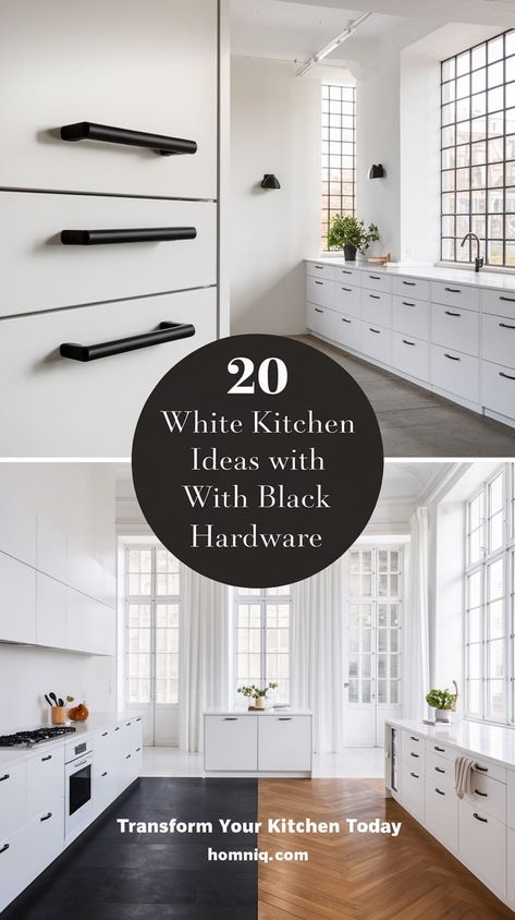 20 White Kitchen Ideas with Black Hardware for a Contemporary Edge   Add a contemporary edge to your kitchen with white cabinets black hardware modern designs. Discover how black hardware in house refurbishments can redefine your space. #ContemporaryEdge #RedefineYourKitchen Matte Black Pulls On White Cabinets, Black Hardware On White Cabinets, Black Kitchen Handles White Cabinets, White Kitchens With Black Hardware, White Cabinets Black Handles, Cabinet Pull Ideas, Kitchens With Black Hardware, Kitchen White Cabinets Black Countertop, White Kitchen Black Hardware