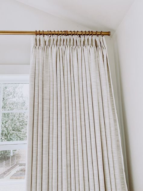 Triple Pinch Pleat Curtains, White Pinch Pleat Curtains, Primary Bedroom Curtain Ideas, Triple Pleat Curtains, Curtains Without Blinds, Two Pages Curtains, Three Window Curtain Ideas, Parisian Style Living Room, Trendy Curtains