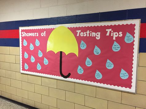 My Spring bulletin board with testing tips Spring Counseling Bulletin Board, April Bulletin Board Ideas For School, Testing Bulletin Board Ideas, Testing Bulletin Boards, Bulletin Boarders, April Bulletin Boards, Pta Board, Counseling Bulletin Boards, Holiday Boards