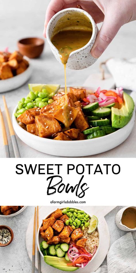 These Sweet Potato Bowls are healthy and packed with flavor, with chunks of roasted sweet potatoes, brown rice, spicy pickled vegetables, and other fresh mix-ins. Topped with a peanut lime dressing, your tastebuds will love each and every bite! Easily customize these vegetarian poke bowls with whatever ingredients you like! Sweet Potato Edamame Bowl, Sweet Potato Sushi Bowl, Sweet Potato Poke Bowl, Yam Bowl, Vegetarian Poke Bowl, Japanese Sweet Potato Recipe, Spicy Pickled Vegetables, Recipes Bowls, Sweet Potato Bowl