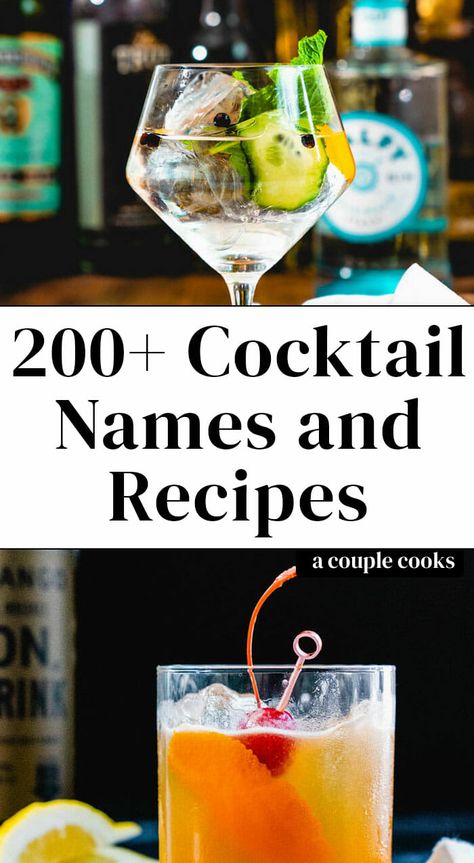 This list of cocktail names has everything from common cocktails to fancy and unique alcoholic drinks! There's something for everyone here. #cocktails #cocktailnames #cocktaillist #commoncocktails Most Popular Cocktail Recipes, Common Cocktails Recipes, Drinks Based On Personality, Special Drinks Alcohol, Classic Alcoholic Drinks, Bar Drinks Popular, Drinks Name Ideas, Drink Specials For Bars, Good Cocktails