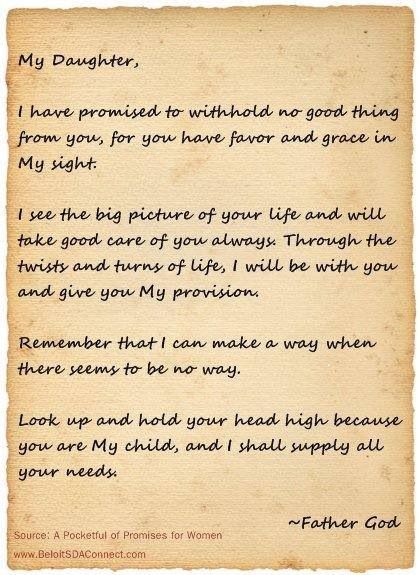 God is Able!!!He is my Saviour & Provider.. A life of Love & Abundance is His gift to us! Love Letter From God, Letter From God, Gods Princess, God's Promises, Dear Daughter, Teen Daughters, The Perfect Guy, Gods Promises, Daughter Of God