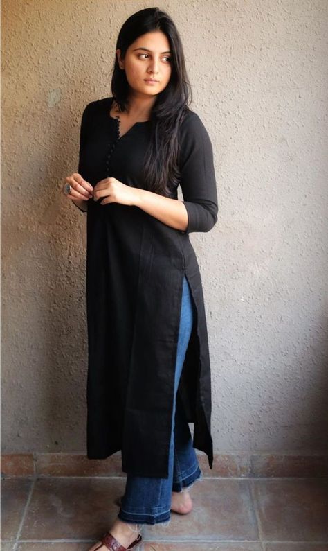 Black kurti girl #kurti #black #dress #cloth #styles #female #fashion #girl Kurta For College Women, Stylish Kurtis Design With Jeans, Official Kurti Designs Latest, Kurta Design For Jeans, Black Kurti Design With Jeans, Kurta For Women Casual, How To Style Black Chikankari Kurta With Jeans, Office Fits Women Indian, Kurti Designs For College Wear