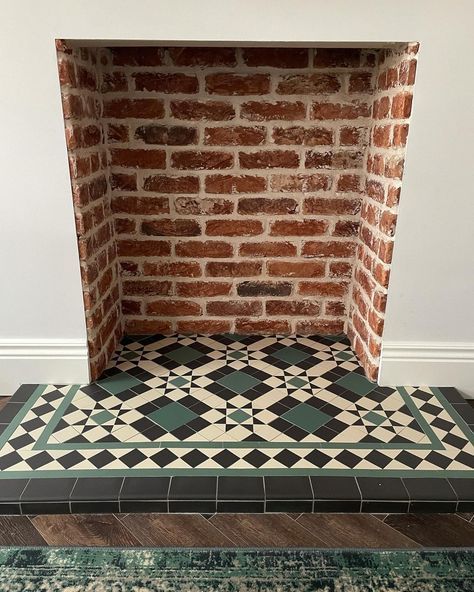 Tiles Log Burner, Tiles For Fireplace Hearth, Log Burner Fireplace Tiles, Log Burner With Tiles, Victorian Living Room Brick Fireplace, Tiled Wood Burner Fireplace, Tiled Log Burner, Victorian Tiled Hearth, Mosaic Fireplace Hearth