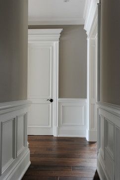 Beautiful molding on walls and around doors Gray Wainscoting White Walls, Door Crown, Foyer Hallway, White Crown, Gray Walls, Crown Moulding, Wainscoting, Grey Walls, Baseboards