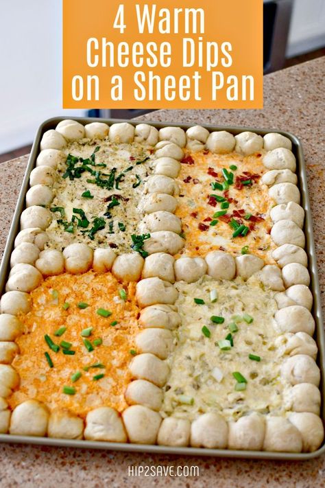 Serve 4 Different Cheese Dips on 1 Sheet Pan - Fun Party Food for a Crowd! | Party food appetizers, Yummy appetizers, Food for a crowd Large Party Food, Cheese Dips, Elegant Appetizers, Diner Recept, Best Party Food, Buffalo Chicken Dip, God Mat, Finger Food Appetizers, Football Food