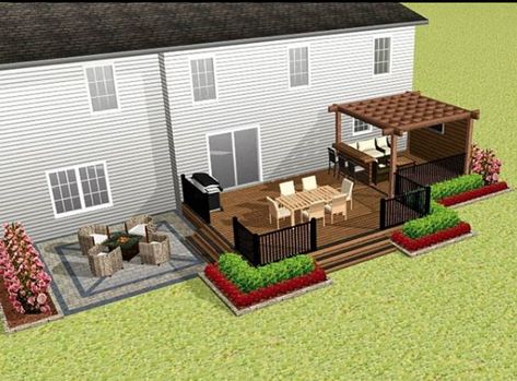 Back Deck With Patio, Back Deck To Patio, Deck Into Patio, Back Patio Layout With Hot Tub, Double Patio Deck Ideas, Half Deck Half Patio, Split Level Deck Ideas Patio Design, Small Deck With Patio Ideas, Backyard Patio Deck Designs Layout