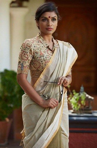 Plain Saree With Kalamkari Blouse Kalamkari Blouse Designs, Kalamkari Blouse, Cotton Saree Blouse Designs, Cotton Blouse Design, Cotton Saree Blouse, Saree Blouse Neck Designs, Blouse Design Images, Sari Blouse Designs, Look Formal