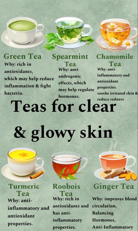 Aesthetic teas, green tea, spearmint tea, chamomile tea, turmeric tea, turmeric drink, rooibos tea, ginger tea, Healthy Foods And Their Benefits, Tea And Its Benefits, Natural Tips For Clear Skin, Herbal Tea For Clear Skin, Tea Uses Benefits Of, Best Teas For Clear Skin, Teas For Skin Health, Teas That Are Good For Skin, Herbal Tea For Hormonal Acne