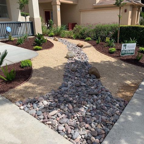 Landscaping With Different Color Rocks, Rock And Sand Landscaping, Rock And Dg Landscaping, All Rock Front Yard, Large Rock Landscaping Ideas Front Yards, Low Water Landscaping Front Yard, Landscaping Sand, Tom Hansen, Drought Tolerant Landscape Front Yard