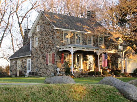 Stone House Plans, Colonial House Exteriors, Stone Cabin, Glen Mills Pa, House Elements, Old Stone Houses, Colonial Exterior, Colonial Home, Dutch House