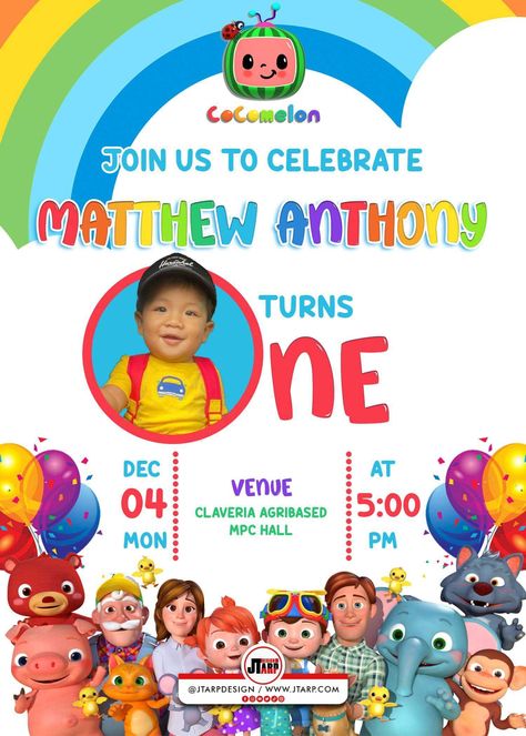 Matthew Anthony turns one Cocomelon Design - Kids Cocomelon Invitation Template, Invitation Design Birthday, Cocomelon Invitation, Engineer Cartoon, Birthday Tarpaulin Design, Tarpaulin Design, Birthday Invitation Design, Baby Birthday Invitations, Birthday Photo Frame