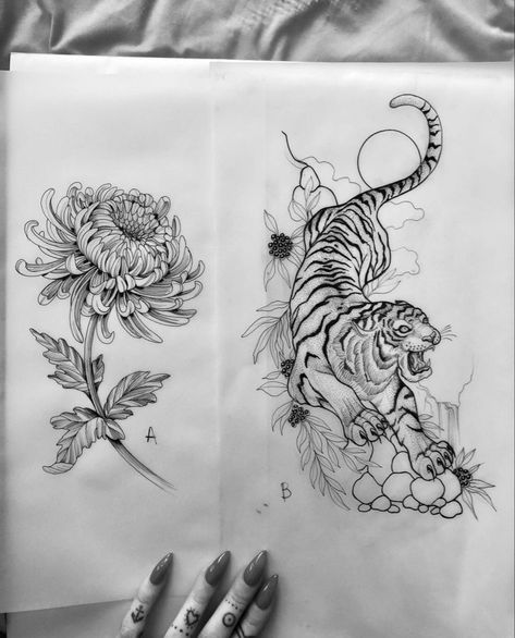 Japanese Tiger Tattoo, Tiger Tattoo Sleeve, Japanese Tiger, Chrysanthemum Tattoo, Tiger Tattoo Design, Japan Tattoo Design, Muster Tattoos, Tiger Painting, Red Ink Tattoos