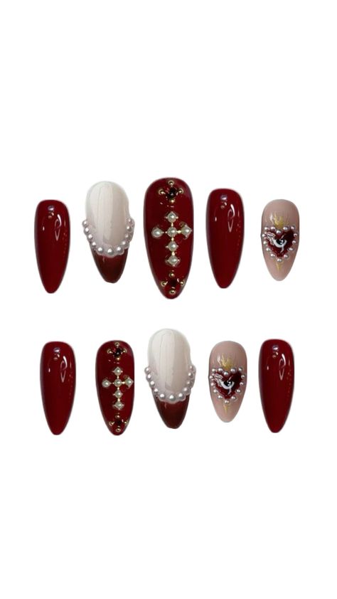 Cherry Red Nails, Cross Nail Art, Gothic Nail Art, Cross Nails, Red Gothic, Gothic Nails, Nails Set, Nail Jewelry, Red Colour