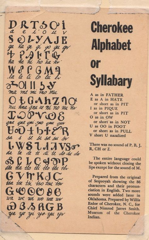 Cherokee Alphabet, on a postcard from an old family schoolbook I have, "Cherokee Words" #Cherokee #nativelanguage #syllabary Native American History Indian Tribes, Cherokee Symbols, Ulster Scots, Cherokee Language, Indian Symbols, Native American Spirituality, History Tattoos, Angel Signs, Tee Pee