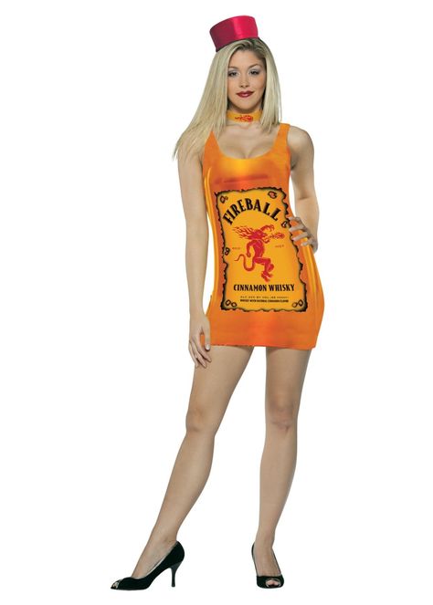 The Fireball Cinnamon Whiskey Bottle Tank Dress costume for women includes a fireball whiskey tank dress, the bottle-cap hat and Fireball choker as shown in the photo. Know before you make your purchase that the costume won't be including any shoes. Liquor Halloween Costumes, Alcohol Halloween Costumes, Liquor Party, Iconic Halloween Costumes, Cinnamon Whiskey, Fireball Whiskey, Pretty Halloween Costumes, Halloween Party Outfits, Cute Couple Halloween Costumes