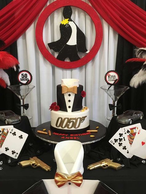 Bond Theme Party Ideas, James Bond Birthday Party Ideas, James Bond Theme Birthday Party, Double 007 Theme Party, 0050 James Bond Party, James Bond Cake Ideas, James Bond 50th Birthday Party, James Bond 40th Birthday Party, Tuxedo Theme Birthday Party