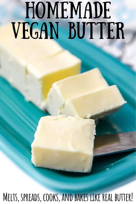 Vegan butter that melts, spread, and bakes perfectly! Once you try this easy homemade vegan butter, you will never want any other vegan margarine or vegan butter alternative again! You can make up a batch in minutes and it saves you a ton of money on store-bought brands of margarine that contain palm oil and just don't taste as good. #thehiddenveggies Vegan Butter For Baking, Vegan Alternatives Products, Diy Vegan Butter, Vegan Butter Recipe Easy, Oil Free Vegan Butter, Homemade Margarine, Easy Vegan Butter, Vegan Butter Recipe, Homemade Vegan Butter