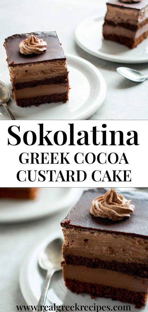 Greek Custard Cake, Greek Chocolate Dessert, Fun Chocolate Desserts, Cakes And Treats, Chocolate Cake With Custard Filling, Greek Chocolate Cake, Authentic Greek Desserts, Chocolate Custard Cake, Chocolate Desserts For Christmas