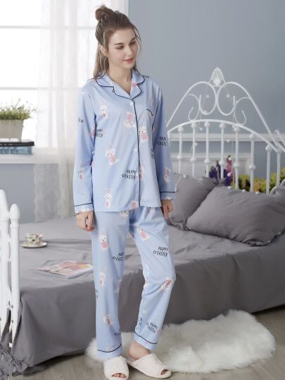 Rabbit Print Shirt & Pants PJ Set Only QR.36.50 Couple Pajamas, Loungewear Outfits, Cute Sleepwear, Muslim Fashion Outfits, Rabbit Print, Night Suit, Womens Fashion Inspiration, Women Nightwear, The Rabbit