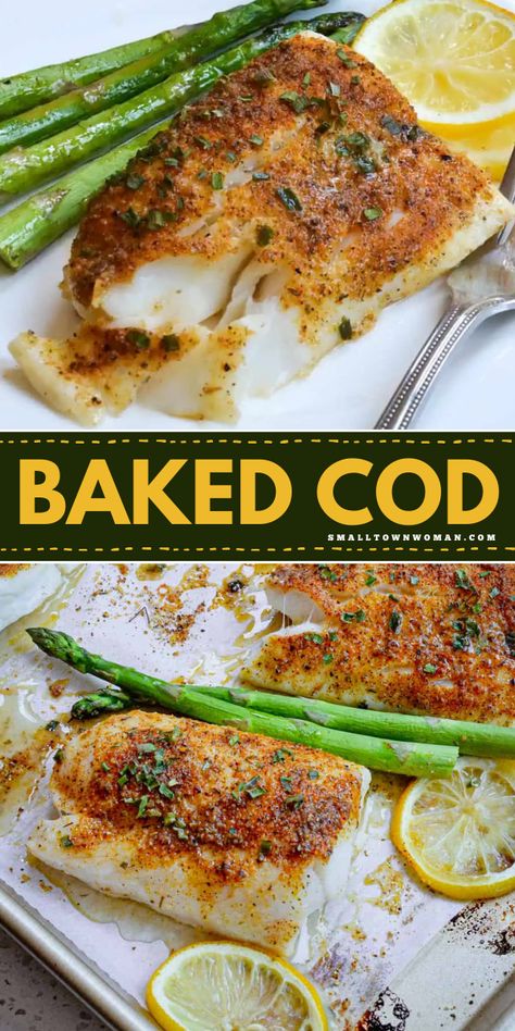 A weeknight dinner recipe in under 15 minutes! It lets you have a delicious home-cooked meal of oven baked fish. Not only is this easy baked cod flavored with lemon pepper, but it is also healthy and low-calorie! High Protein Cod Recipes, Low Cholesterol Cod Recipes, Bake Cod Recipes Oven, Oven Baked Cod Recipes, Baked Cod Fish Recipes, Cod Loin Recipes Baked, Lemon Fish Recipes, Best Cod Fish Recipes Oven Baked, Recipe For Cod Fish Oven Baked