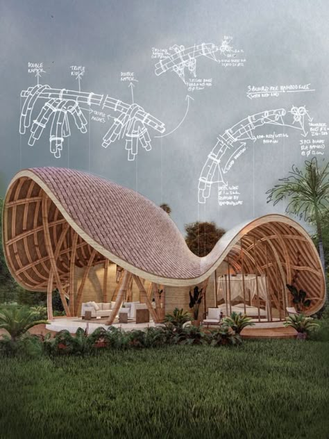 Architecture Bamboo Design Cliff House Details Drawings Illlustration Lombok Eco Architecture Concept, Cliff Villa, Frangipani Flower, Bamboo House Design, Architecture Drawing Plan, Concept Models Architecture, Shelter Design, Bamboo Architecture, Organic Structure