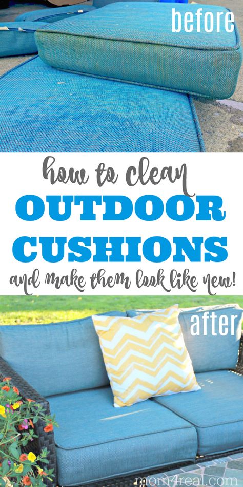 Are your patio furniture cushions dirty or mildewed after sitting outside over the fall and winter seasons? Let me show you How to Clean Outdoor Cushions within minutes without having to scrub them. You don't need any special cleaner, and your patio cushions will look like new again! Clean Outdoor Cushions, Outside Cushions, Clean Outdoor Furniture, Clean Patio, Sitting Outside, Outdoor Cleaning, Lawn Furniture, Outdoor Seat Cushions, Patio Furniture Cushions