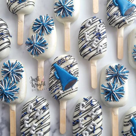 Happy Birthday to the sweetest ECE cheerleader around! Hoping your day was full of joy, laughter and cheer! Acrylic topper by @partyperfections_bylisa . . . . #cheerleader #cheerbirthday #chocolate #ECE #birthdaycake #cakescicles #cakesofinstagram #cakesofnewhampshire #nhbaker #nhbakery #customtreats #girlbirthday #blueandblack Cheer Cake Pops, Cheer Birthday Party Ideas, Cheer Cupcakes, Cheer Birthday Party, Patriotic Cake, Acrylic Topper, Cheer Squad, Instagram Happy Birthday, Cakepops