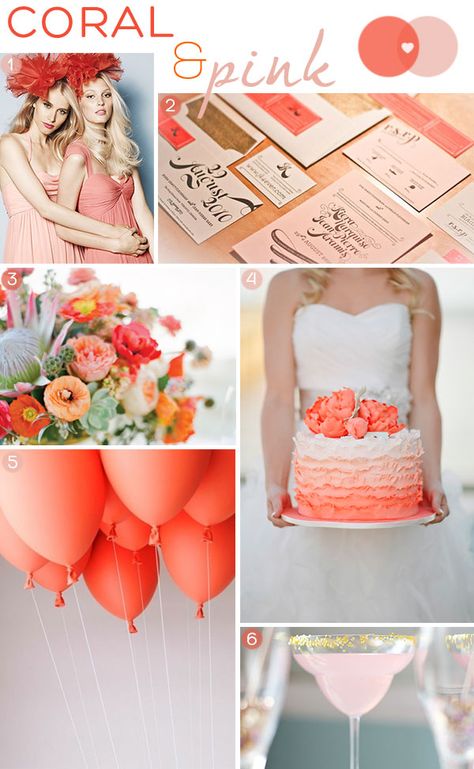 1 Coral and pink bridesmaids by Watters via wedding wire / 2 Coral and pink wedding invitations on Paper Crave / 3 Coral and pink flower arrangement by ... Beach Wedding Color Palette, Beach Wedding Decorations Reception, Tropical Wedding Inspiration, Quinceanera Planning, Beach Wedding Colors, Pink Wedding Inspiration, Coral Wedding, Wedding Palette, Beach Wedding Decorations